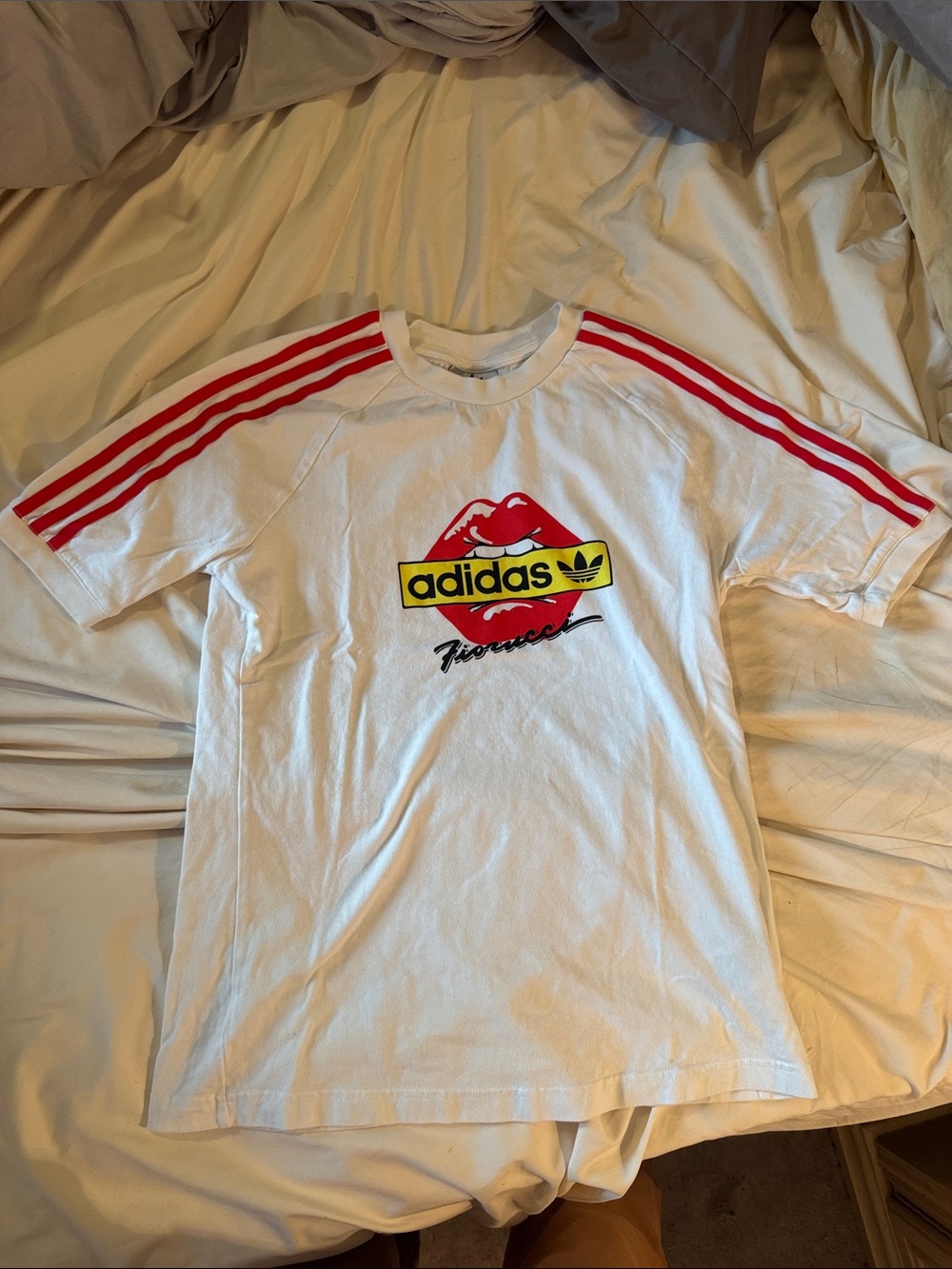 adidas White Tee with Red Stripes and Logo Graphic